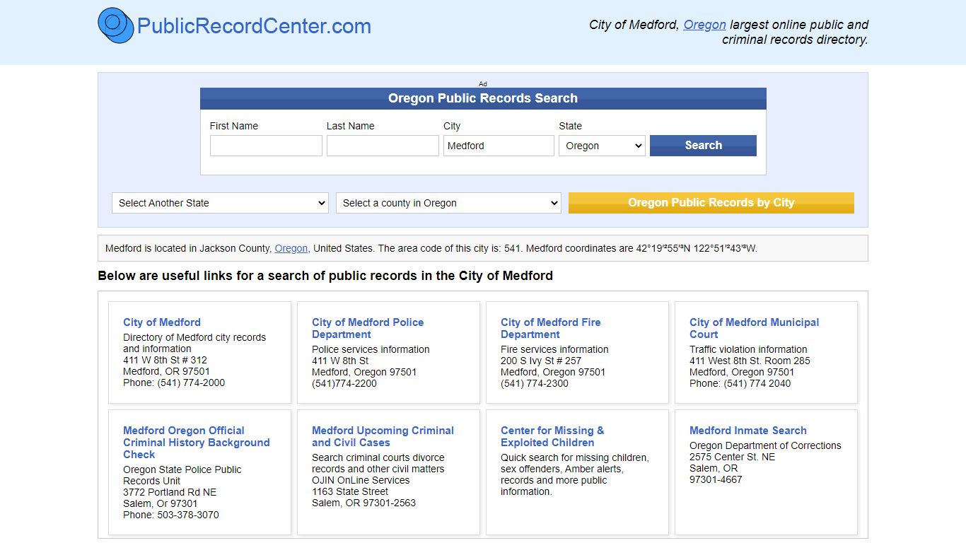 Medford, Oregon Public Records and Criminal Background Check